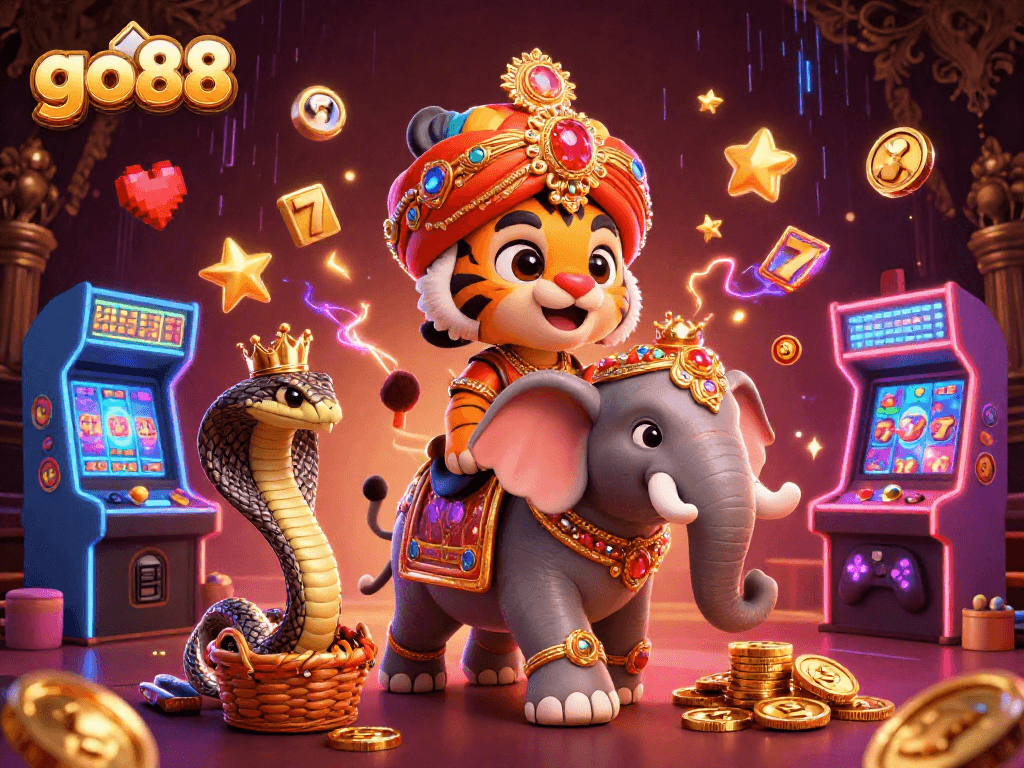 Experience the dynamic world of go88 casino with a vibrant 3D illustration of gaming adventures.