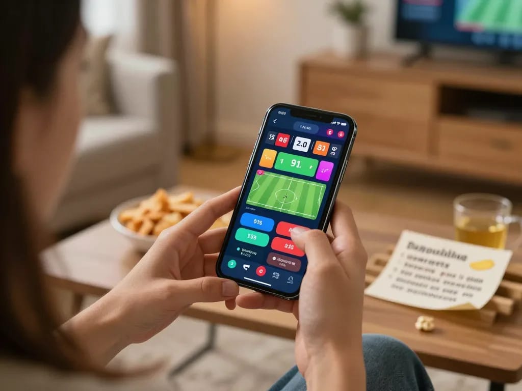 Socolive user engaging with sports betting app in a cozy home setting, showcasing responsible gaming.
