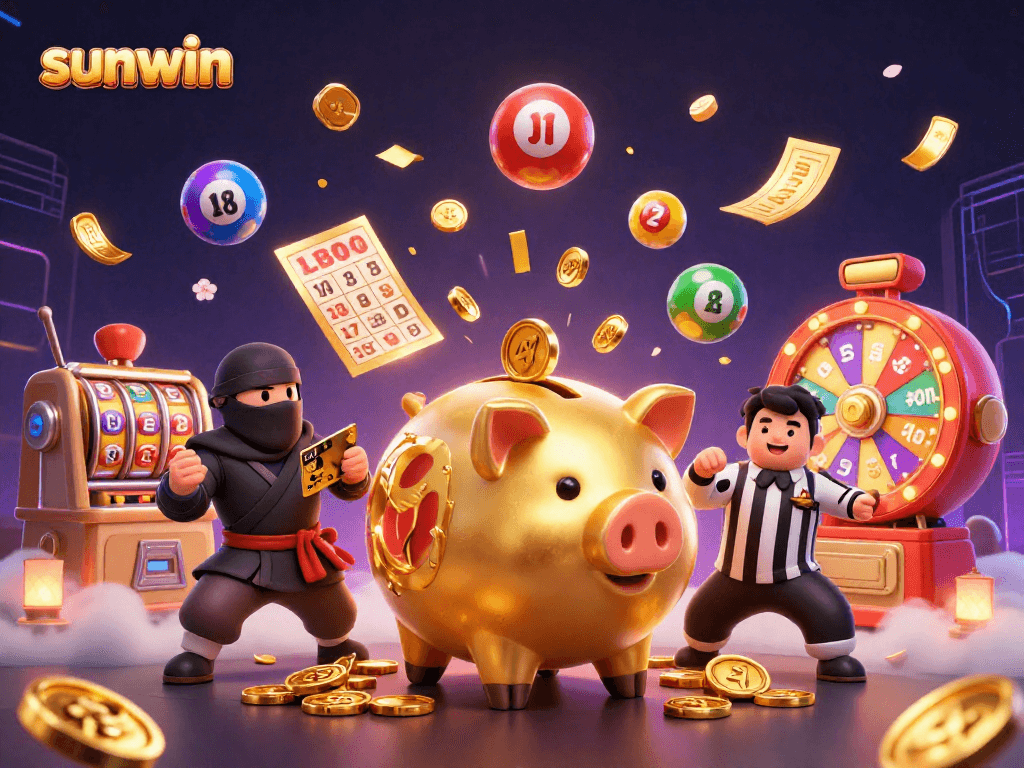Experience the thrill of sunwin with a lively scene of casino excitement featuring characters and dynamic elements.