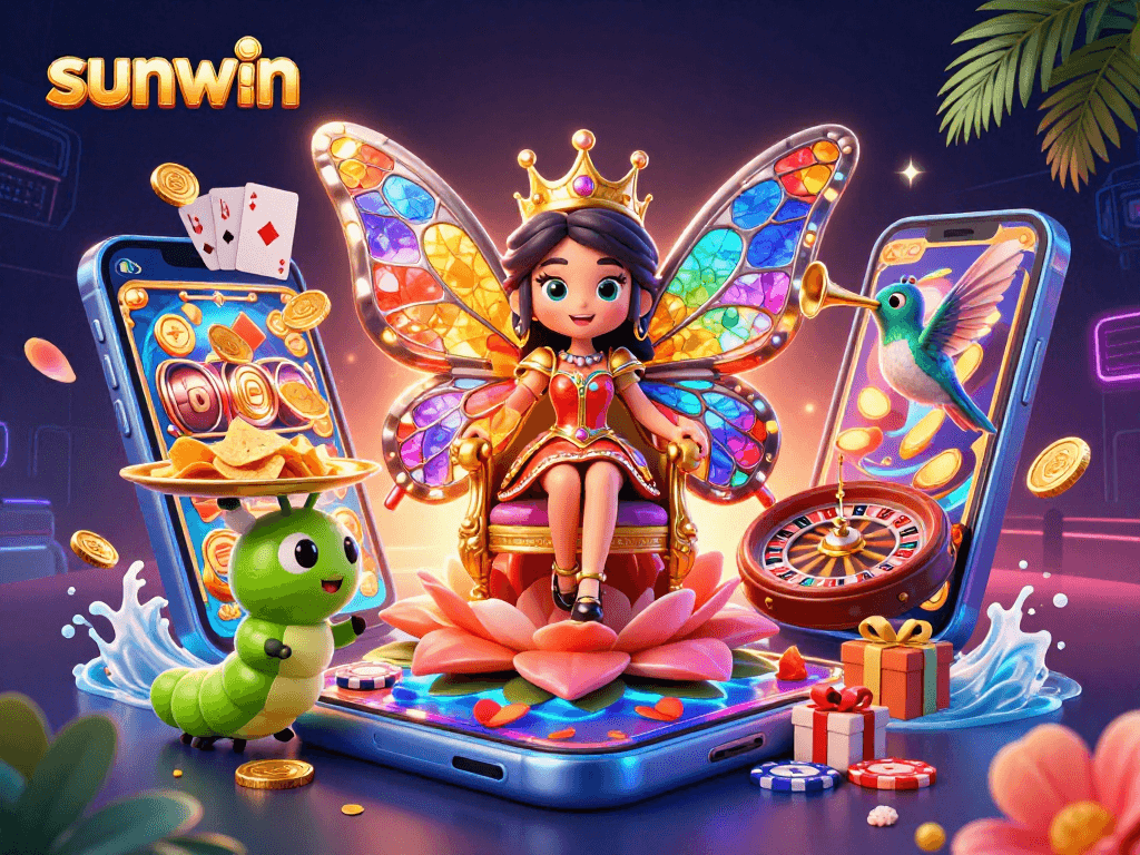 Experience the sunwin gaming world as the butterfly queen presides over an enchanting casino scene.