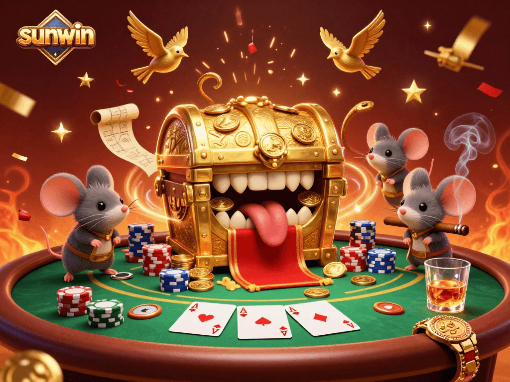 Experience sunwin's vibrant 3D casino atmosphere with intriguing treasure chest and poker action.
