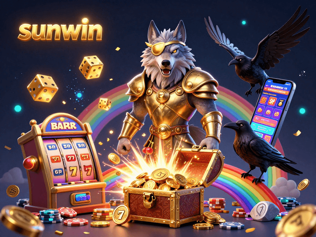 Experience the excitement of sunwin with an overflowing treasure chest and dynamic slot machine bursting with winnings.