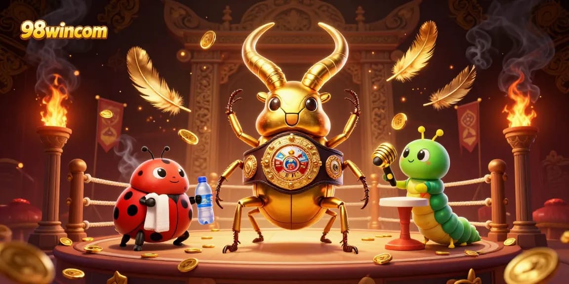 Engage in the action with 98wincom, where a golden stag beetle and a ladybug corner-man showcase thrilling gambling entertainment.