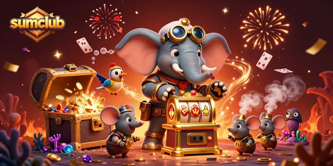Spin the golden slot machine at sumclub with a cartoon elephant engineer amidst treasures and celebration.
