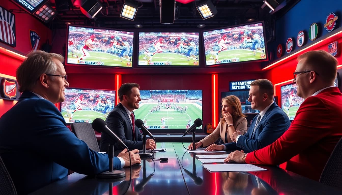 Engaging scene of sports broadcasting with hosts in a vibrant studio, capturing the essence of live sports reporting.