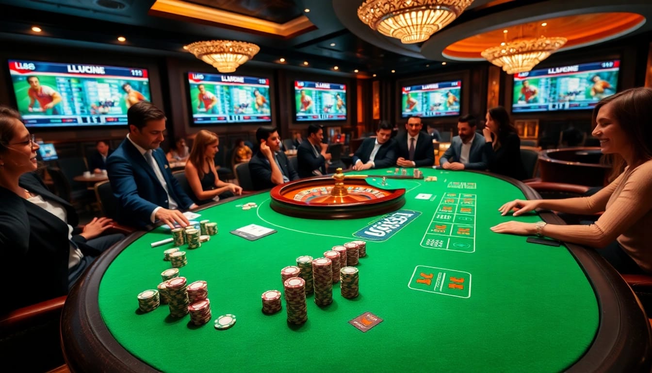 Experience the thrill of lu88 sports betting at a vibrant casino table with players and chips.
