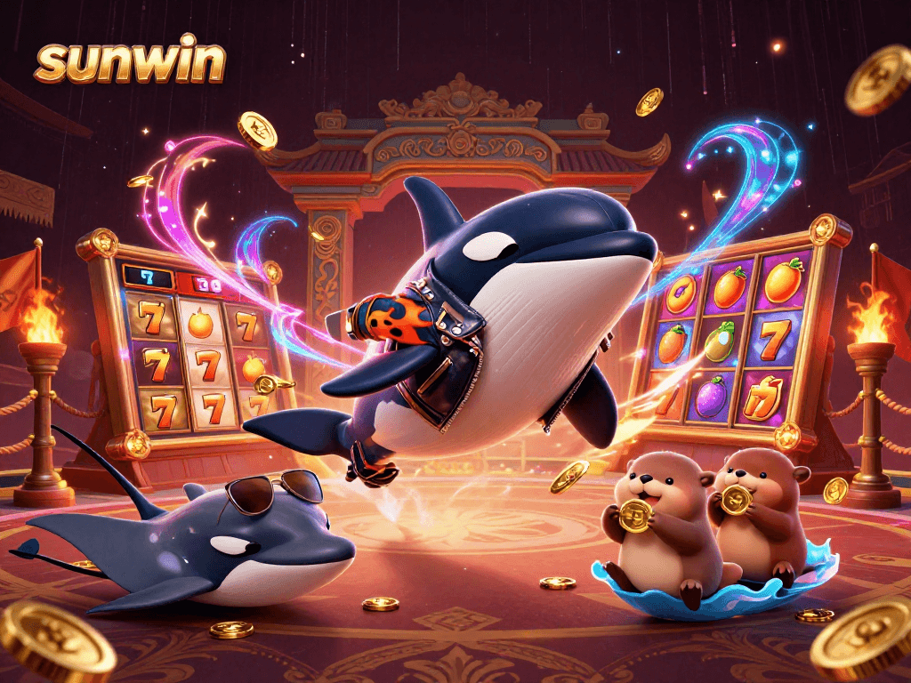 Win big with sunwin in this vibrant 3D cartoon scene featuring unique casino characters.