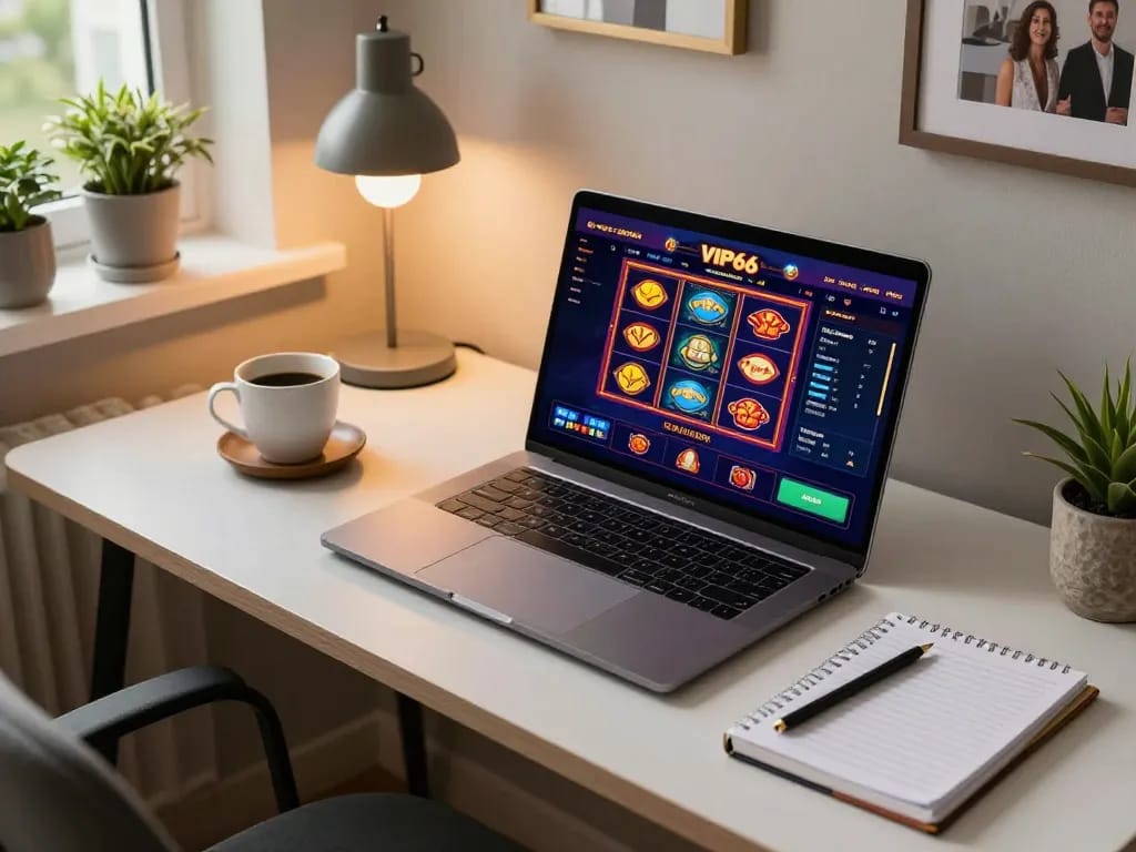 Engaging online gaming experience with VIP66 casino interface on laptop, capturing strategic moments and home comfort