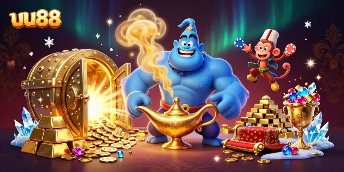 Experience exciting gambling adventures at uu88 with a dynamic illustration of a genie and treasures.