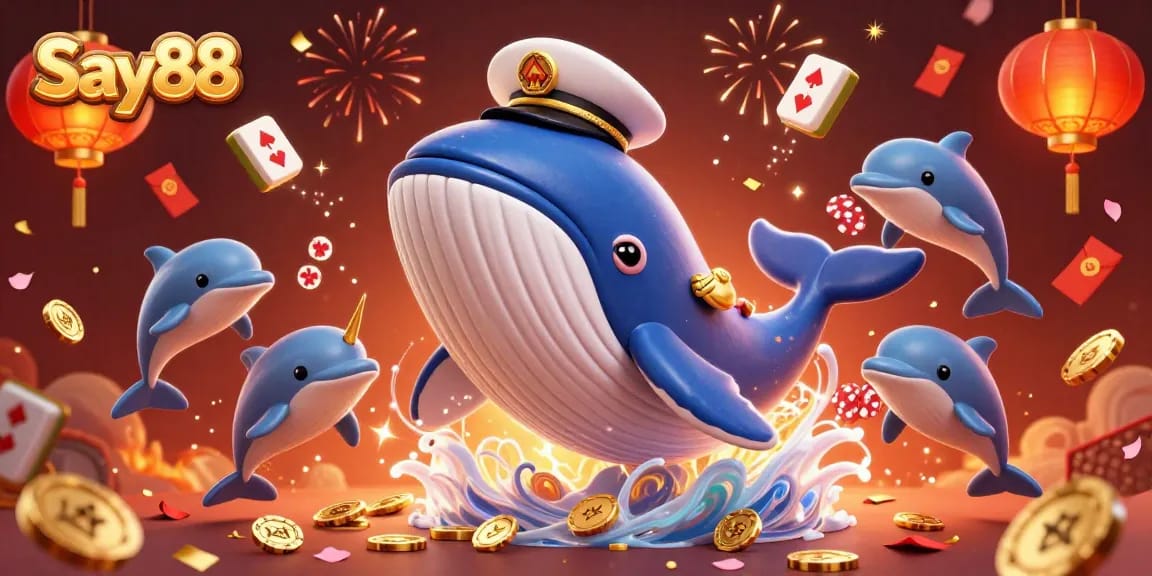 Experience excitement at Say88 with a vibrant scene of a whale and playful dolphins in a casino setting.