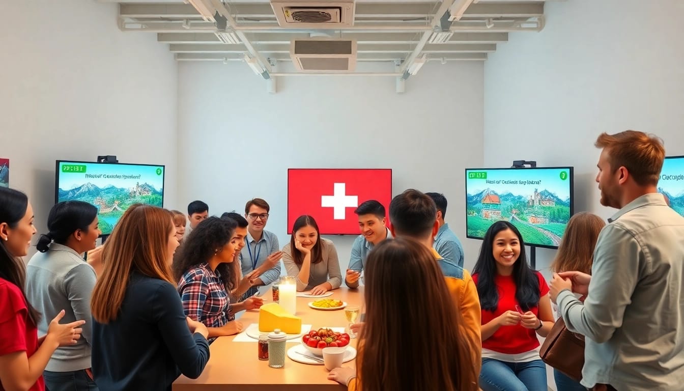 Teilnehmer eines Schweiz-Quiz-Wettbewerbs, der Schweizer Kultur und Trivia feiert.