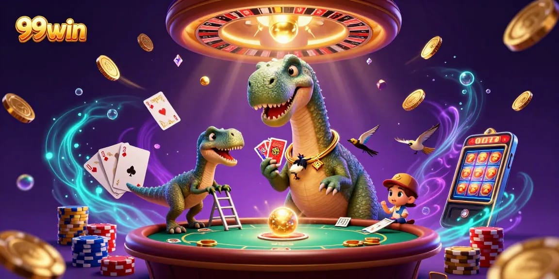 Win big with 99win as the playful brontosaurus oversees the vibrant casino scene.