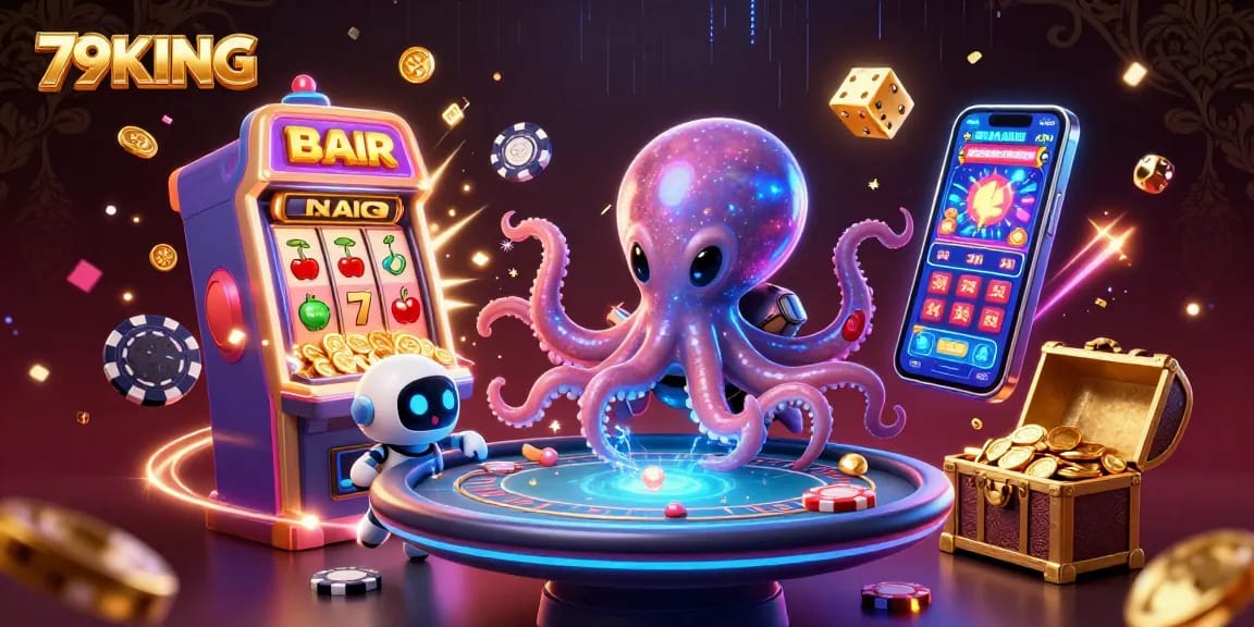 Engage with thrilling 79KING casino games through a vibrant, lively 3D illustration of an alien octopus at a poker table.