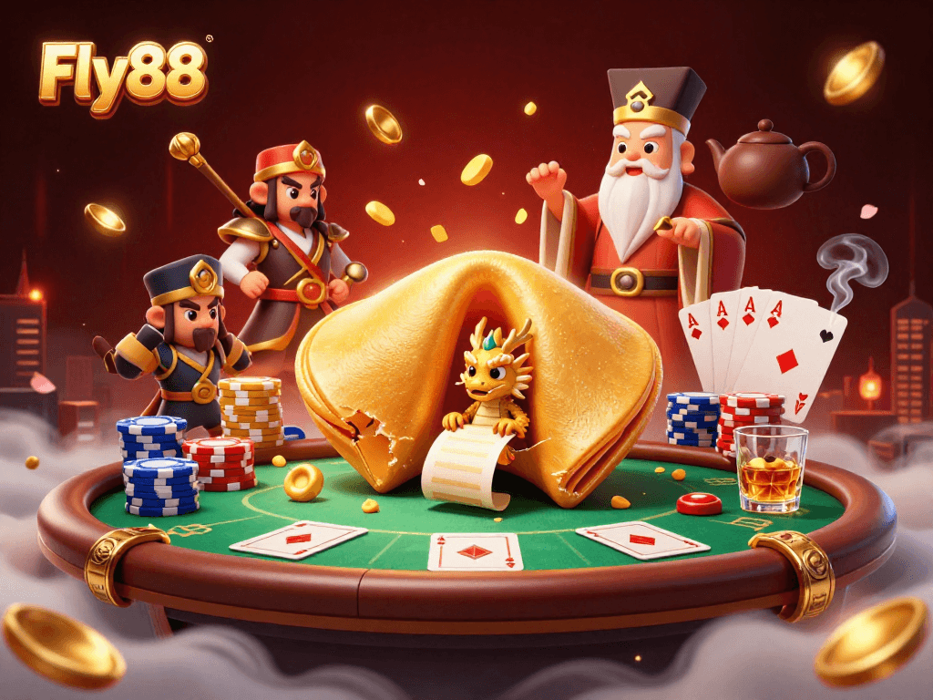 Engage in thrilling gameplay at Fly88 Casino featuring a golden fortune cookie and poker elements.