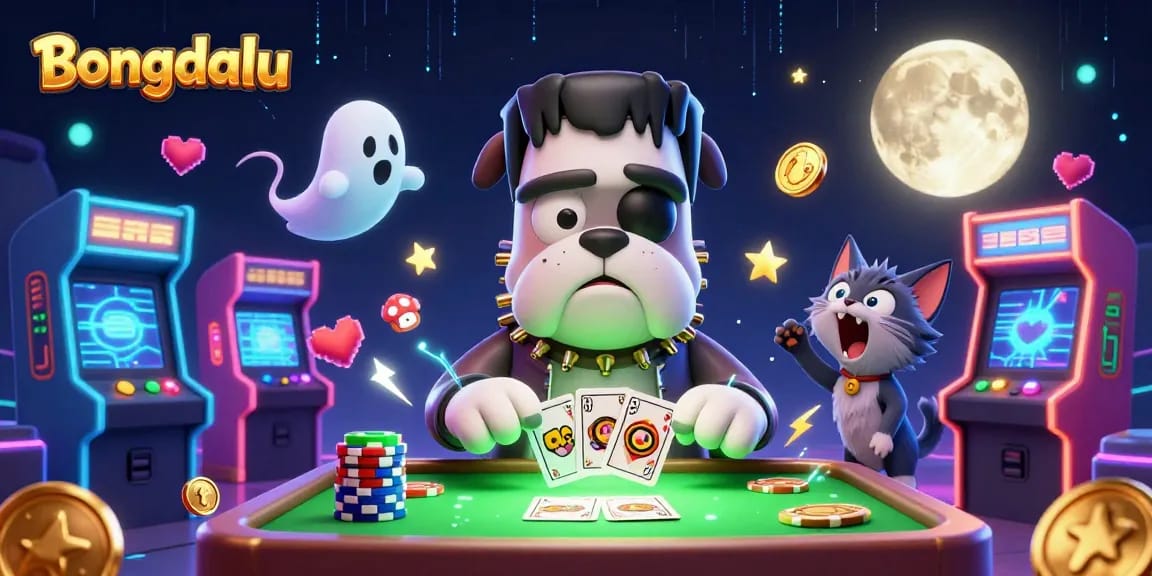 Bongdalu brings excitement to gaming with a whimsical scene of a Frankenstein bulldog dealer amidst chips and neon casino elements.