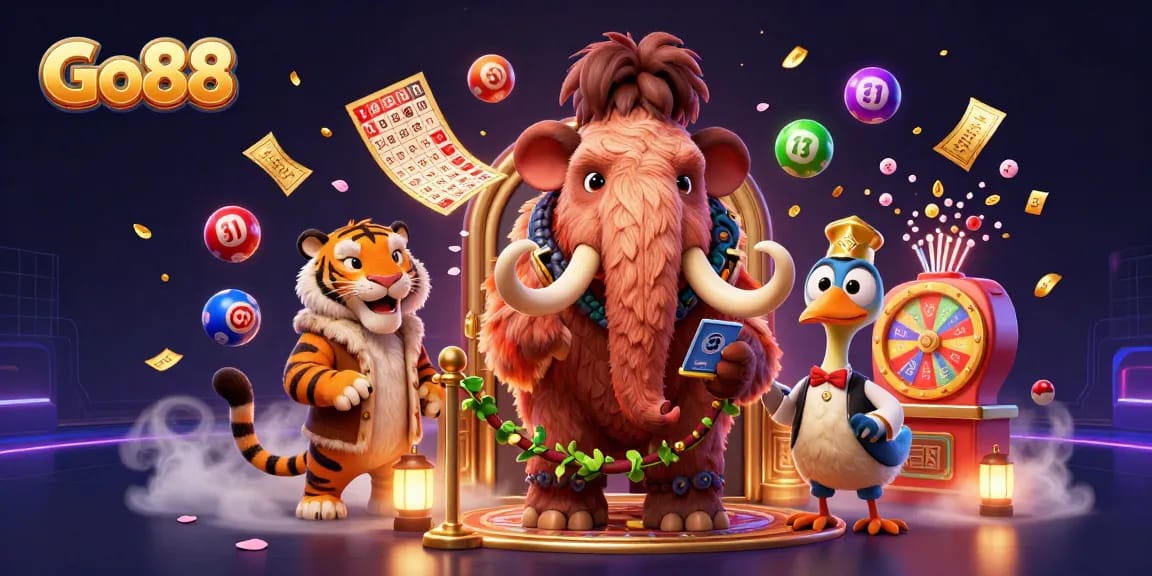 Experience thrilling gaming with Go88 as vibrant lottery elements surround casino characters in a lively scene.