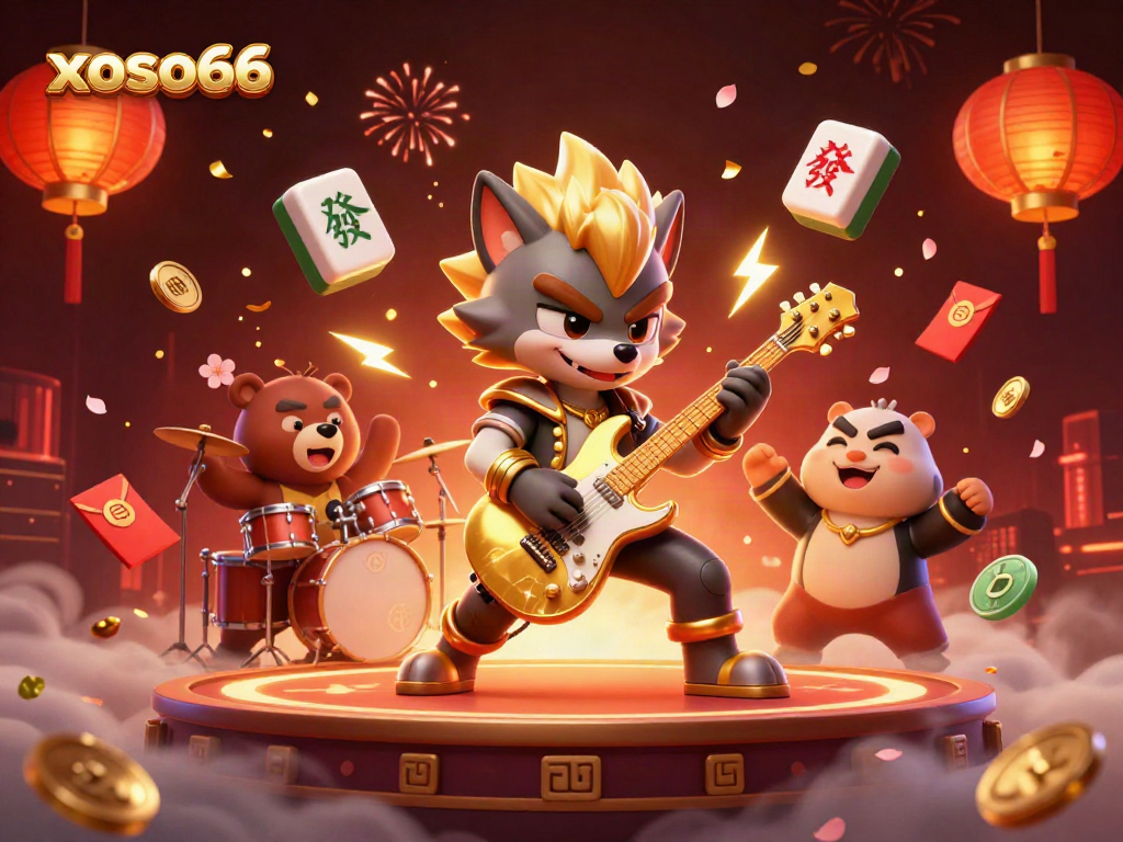 Experience the excitement at xoso66 with a vibrant 3D scene of a rock star wolf and a drummer bear performing amidst casino-themed elements.