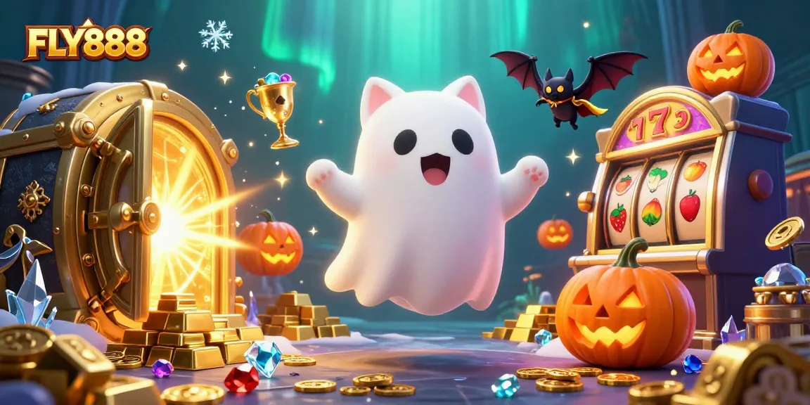 Engage with FLY888's haunted casino experience featuring a ghost cat and unique game elements.