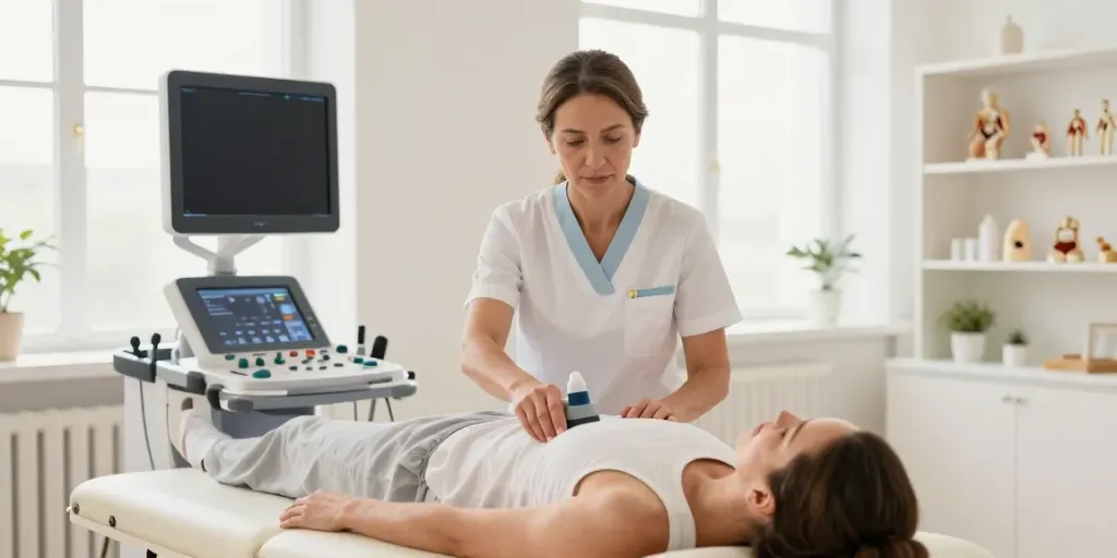 Ultraschalltherapie Anwendung bei PhysioFit Kauz in Dübendorf, modernem Therapieumfeld.