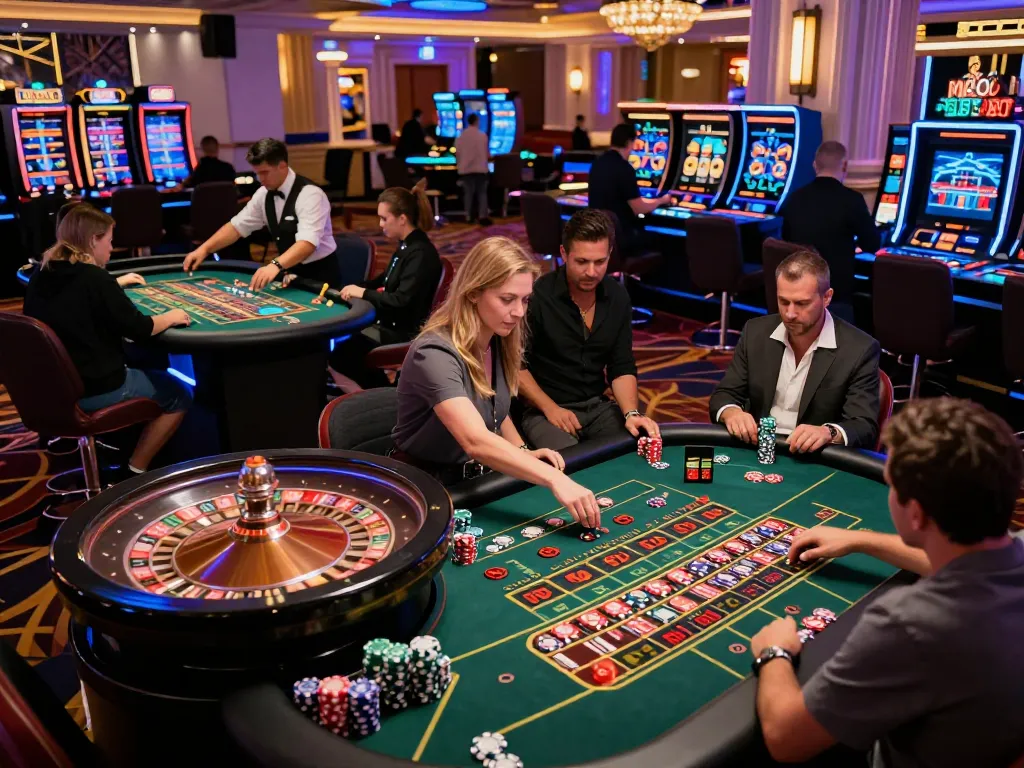 Engaged players placing bets at roulette tables in a vibrant casino, CM88 offering a thrilling gambling experience.