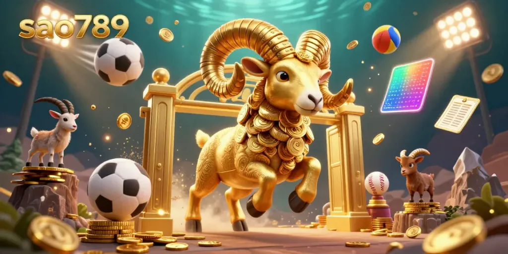 Experience the exhilarating action at sao789 with a dynamic scene featuring a golden ram charging through a casino gate.