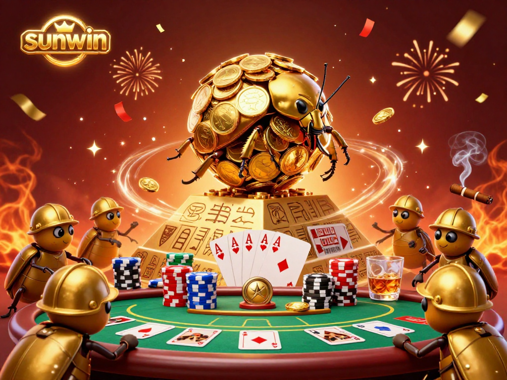 Experience sunwin gaming excitement with a golden beetle theme in a vibrant casino scene.