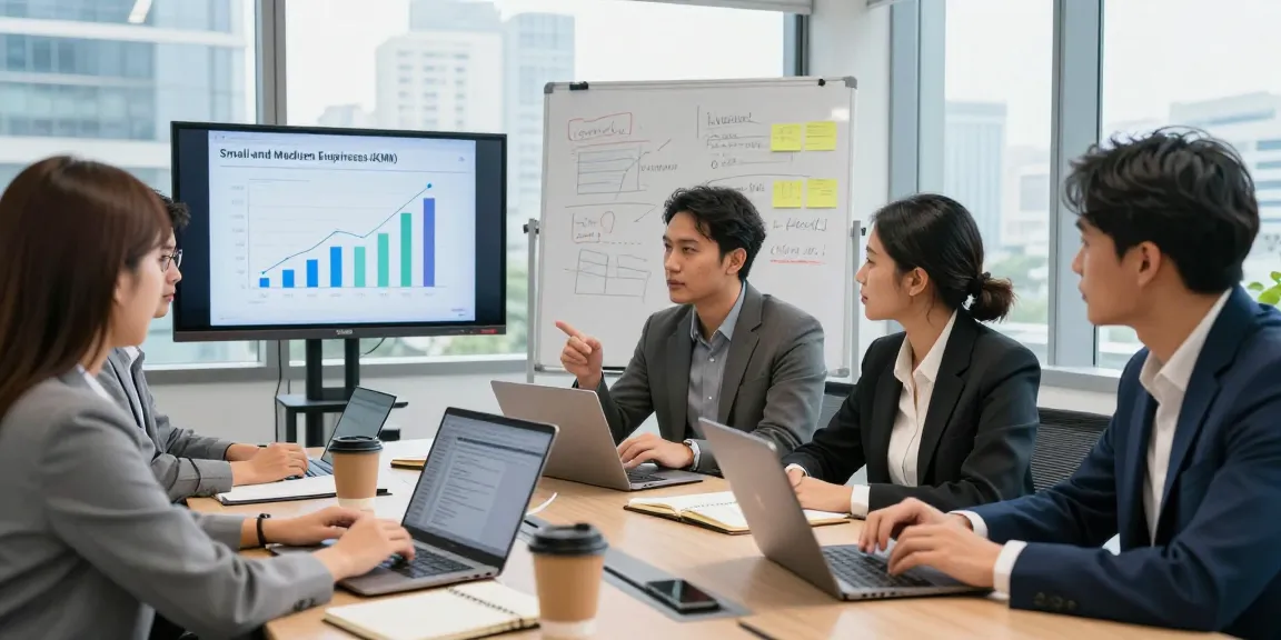Engaged professionals discussing strategies for the Wirtschaftsverband für KMU in a modern office setting.