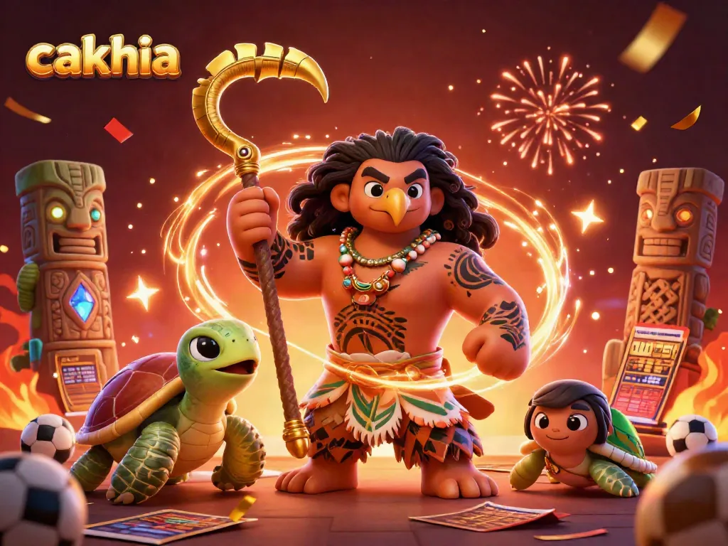 Cakhia sports betting scene with a demigod hawk, turtle sidekick, and vibrant sports elements.