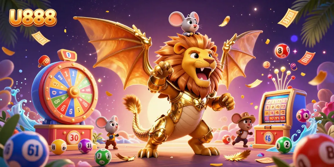 Experience U888's vibrant casino atmosphere with a cherubic chimera, golden elements, and lively lottery themes.