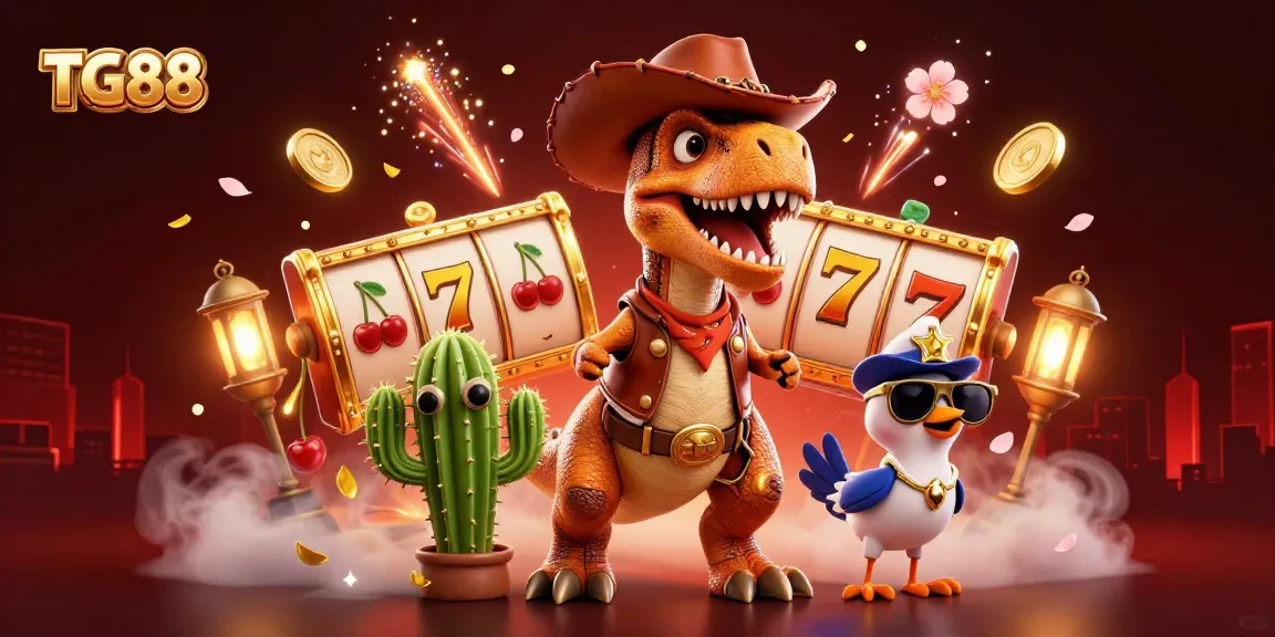 TG88 showcases an exciting casino scene with a dinosaur, cactus, and roadrunner amidst spinning slot reels and festive decorations.