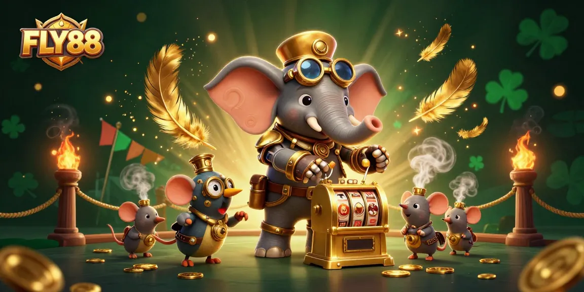FLY88 brings excitement with steampunk characters operating a jackpot slot machine amidst dynamic casino elements.