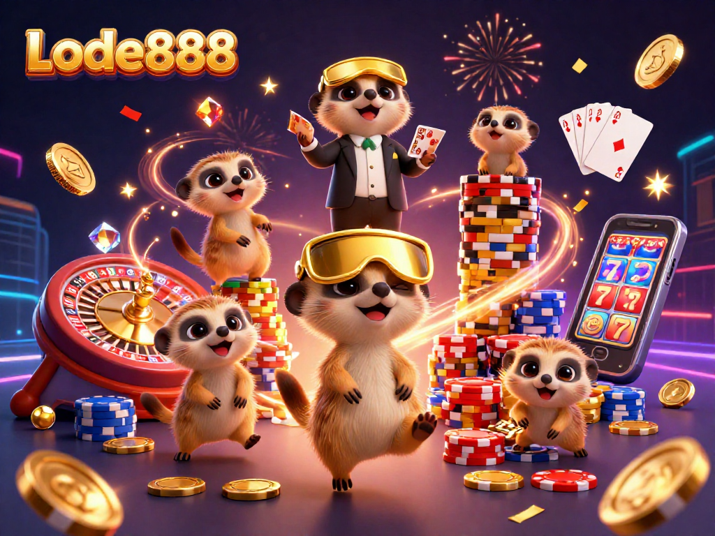 Lode888 offers an exciting casino experience with cartoon meerkats running the operation amidst vibrant casino elements.