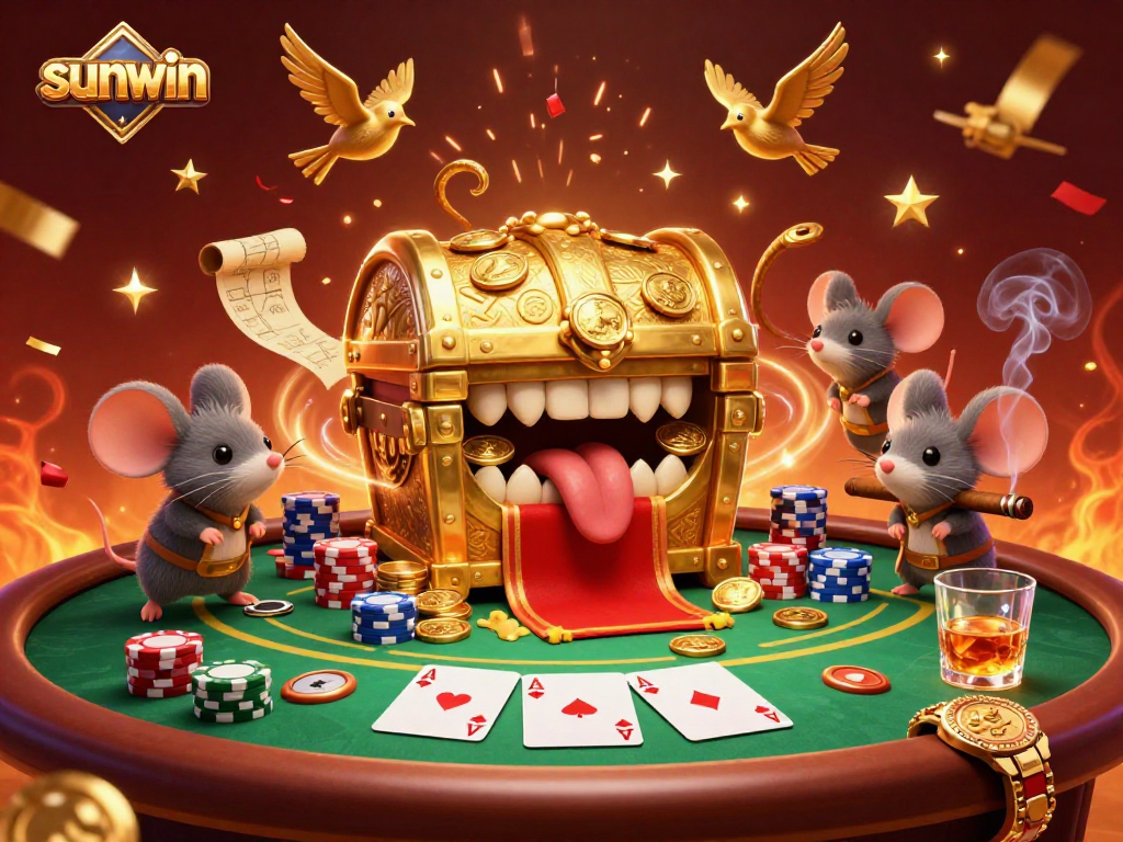 Experience sunwin's vibrant 3D casino atmosphere with intriguing treasure chest and poker action.