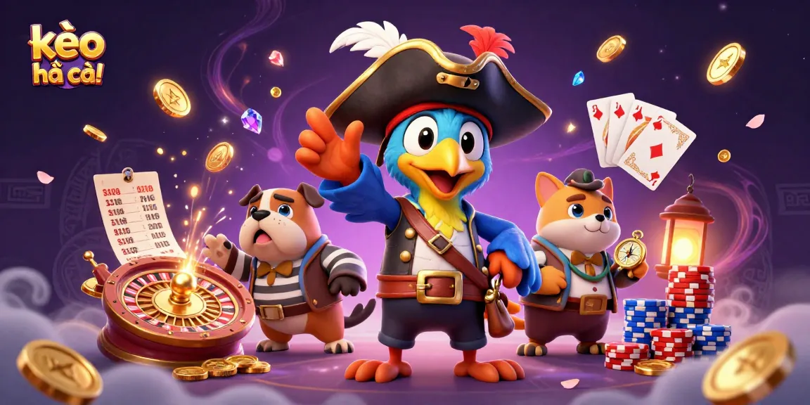 Engage with kèo nhà cái in a vibrant sports betting scene featuring a parrot captain and treasure elements.