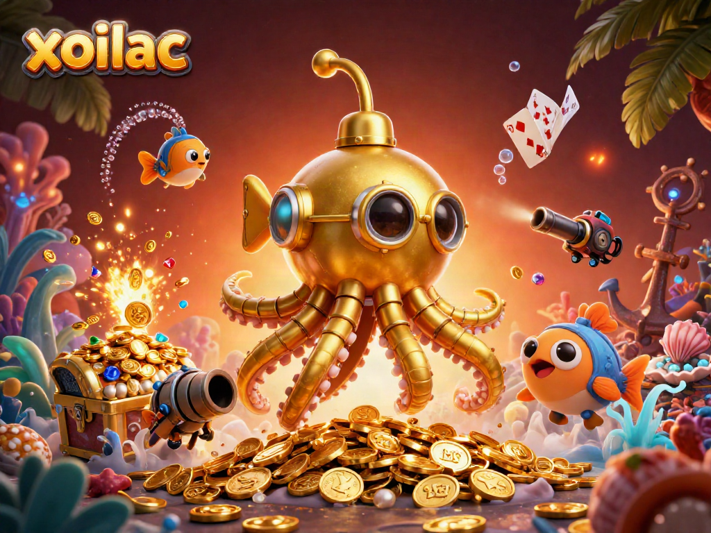 Experience thrilling gameplay with xoilac as the kraken submarine dives amidst treasures and vibrant casino elements.