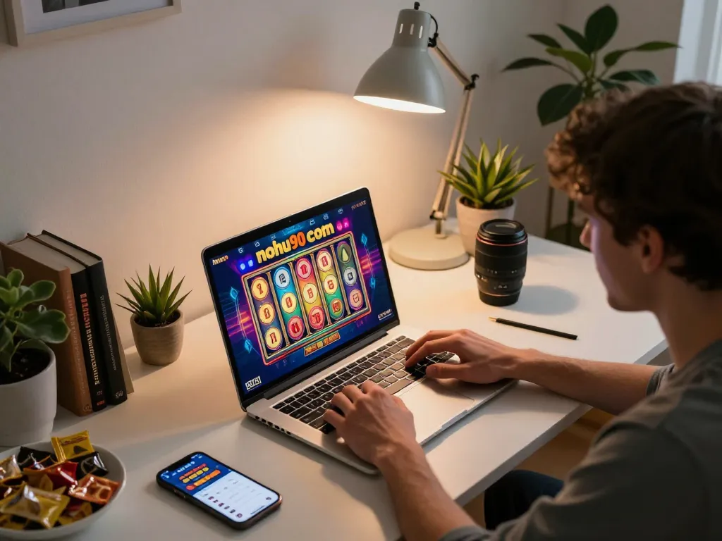 Engaged player enjoying nohu90 com slot games on laptop in cozy home office.