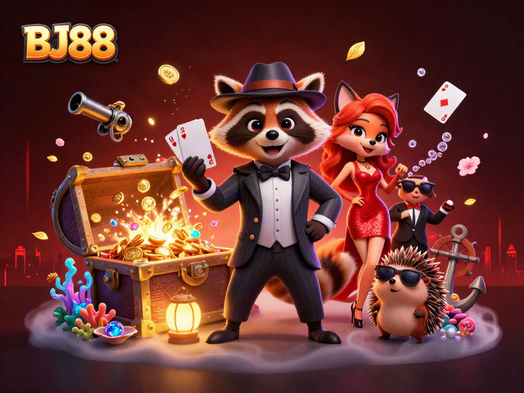 Engage in thrilling gameplay at BJ88 with a raccoon, fox, and hedgehog in a vibrant casino setting.