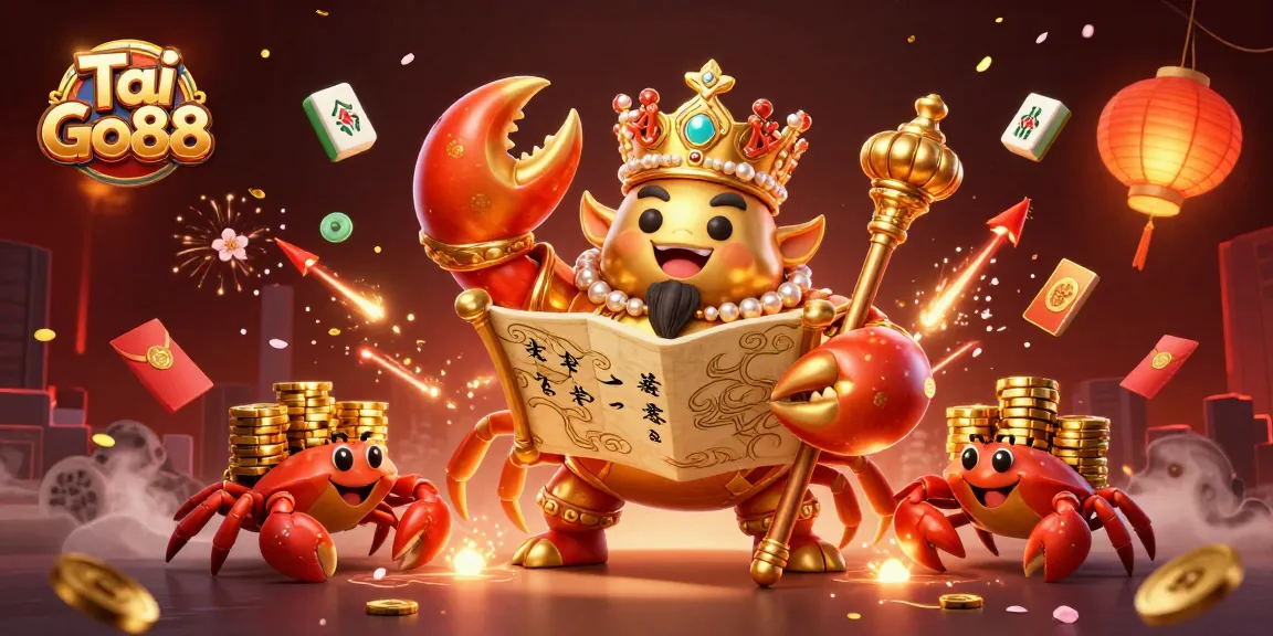 Experience the thrill of Tai Go88 with a vibrant 3D illustration showcasing golden crab emperor and treasures.