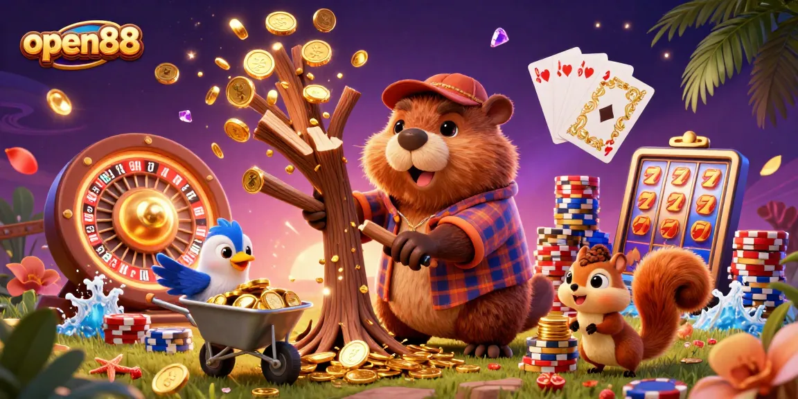 Spin and win at open88 with exciting casino-themed adventure featuring characters collecting golden coins.