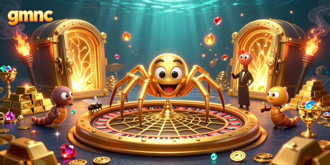 Experience the thrill of gmnc betting in a vibrant golden web with fun characters and casino elements.