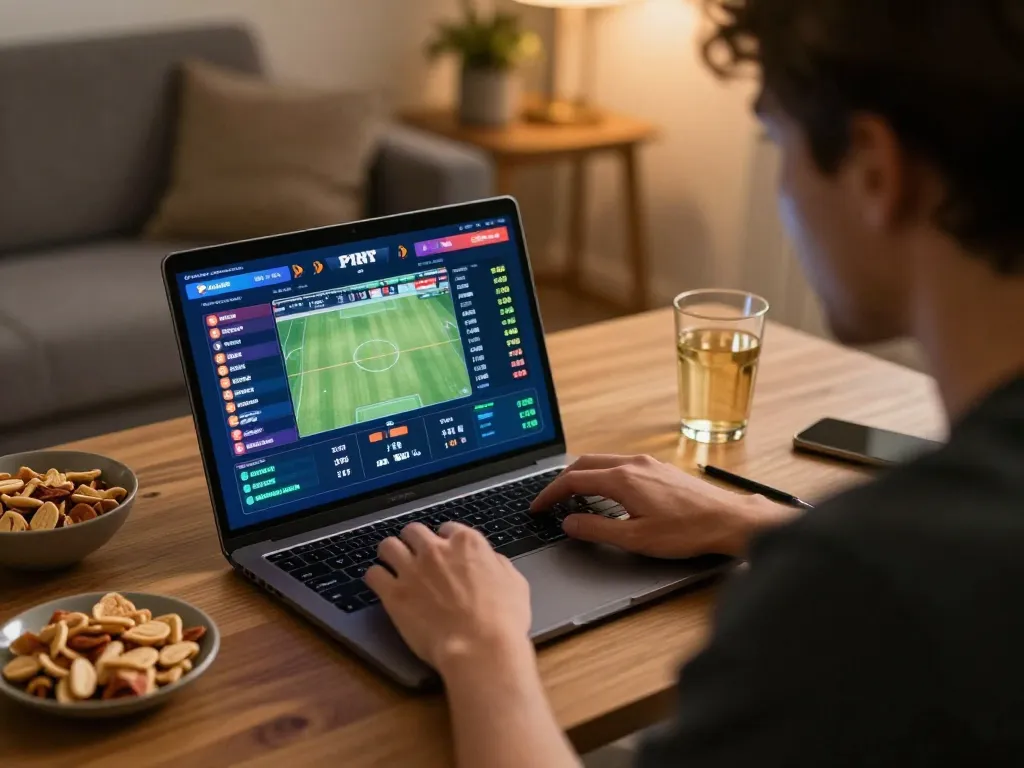 Betting on sports through Nhà cái 79KING app, demonstrating strategic decision-making in cozy home office.