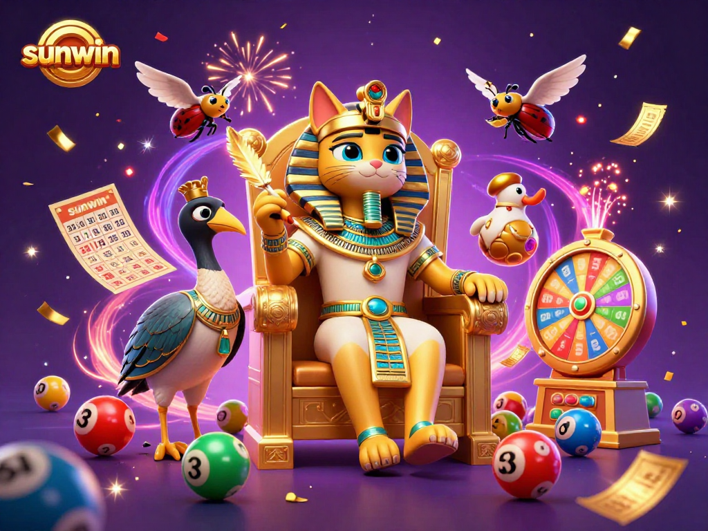 Win big with sunwin; an energetic depiction of a gambling scene featuring an Egyptian pharaoh cat.