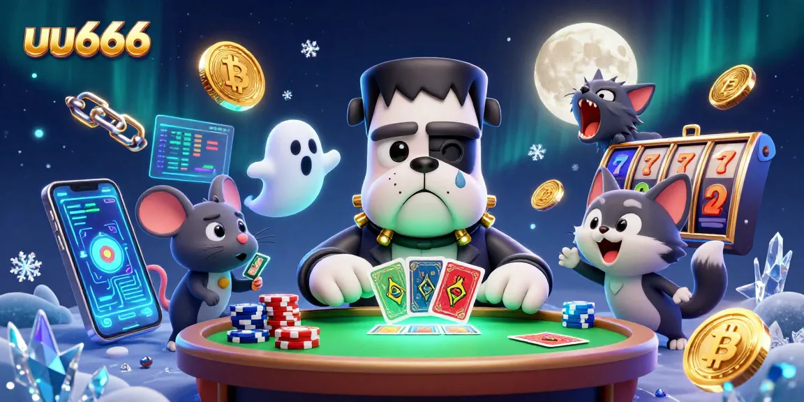 uu666 chips stack at a spooky casino table with vibrant characters and neon coins.