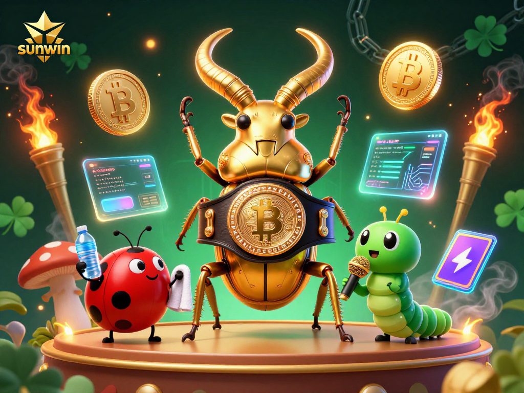 Bet on sunwin with a vibrant scene of crypto elements and casino characters illustrating thrill.