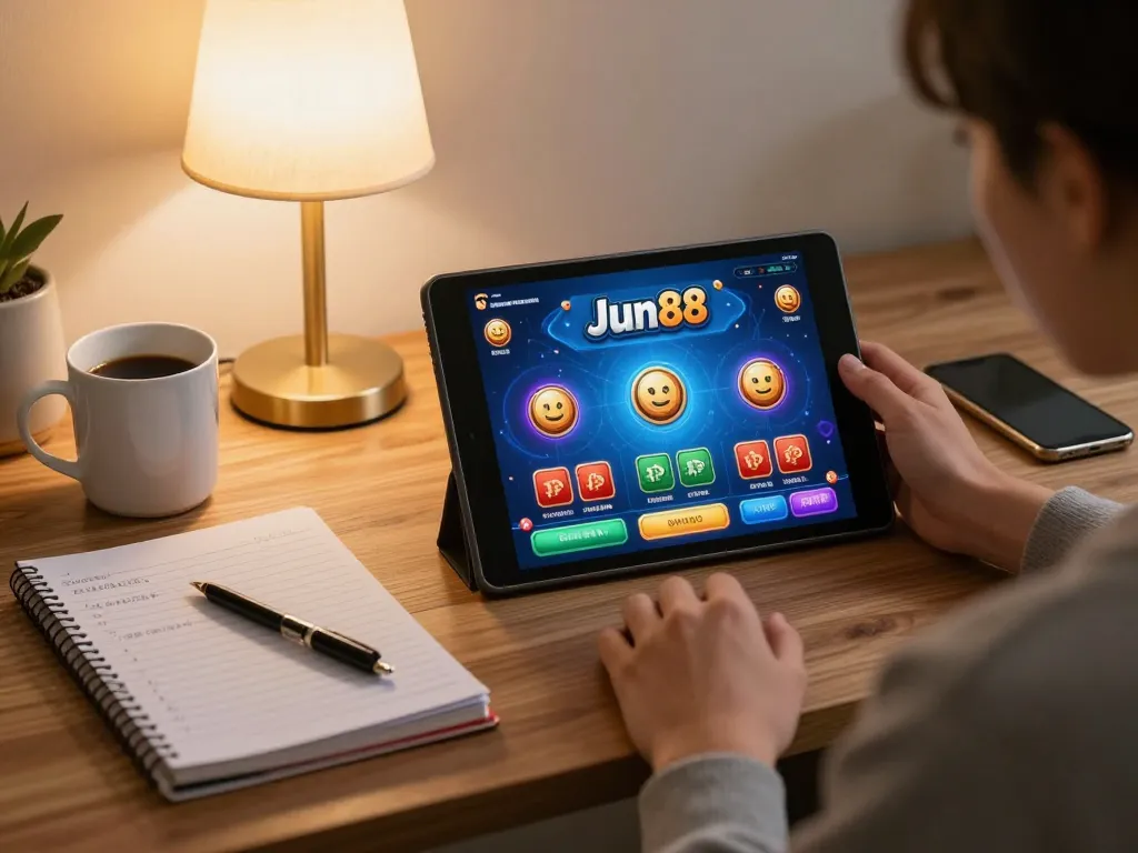 Player strategizing with Jun88 gaming tablet at home for a relaxed casino experience.