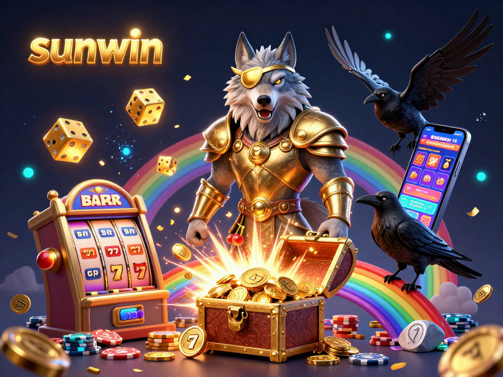 Experience the excitement of sunwin with an overflowing treasure chest and dynamic slot machine bursting with winnings.