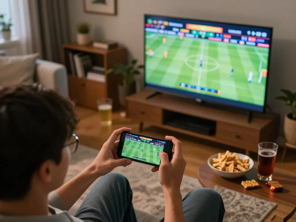 Engaging live sports betting moment on QQ88 COM with a smartphone, capturing excitement in cozy home ambiance.