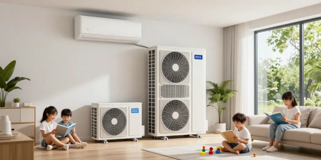Klimaanlage Einfamilienhaus in modernem Schweizer Zuhause mit Familie, die den Komfort genießt.