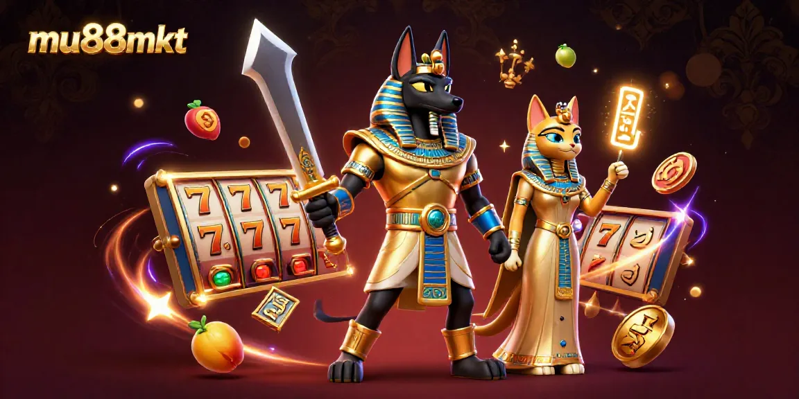 Experience the thrill of mu88mkt with a captivating casino illustration showcasing ancient Egyptian champions and slot reels.