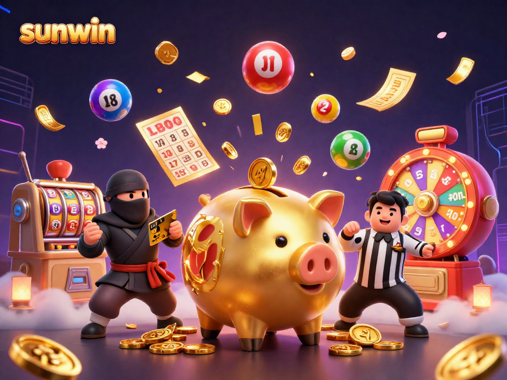 Experience the thrill of sunwin with a lively scene of casino excitement featuring characters and dynamic elements.